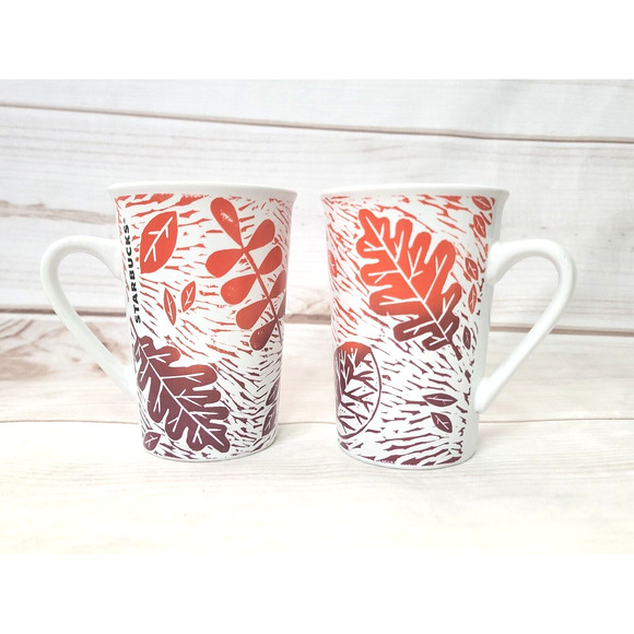 2 Starbucks Coffee Mug 11oz Set Autumn Fall Leaves - Hot Chocolate - Picture 1 of 13